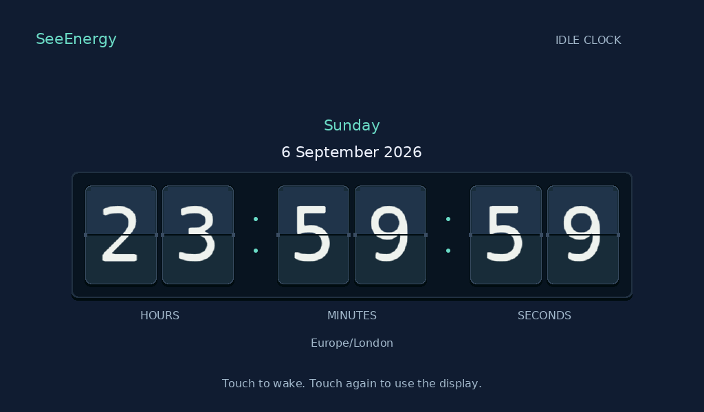 SeeEnergy Display clock interface preview with large split-flap digits, date, local timezone and touch-to-wake guidance.
